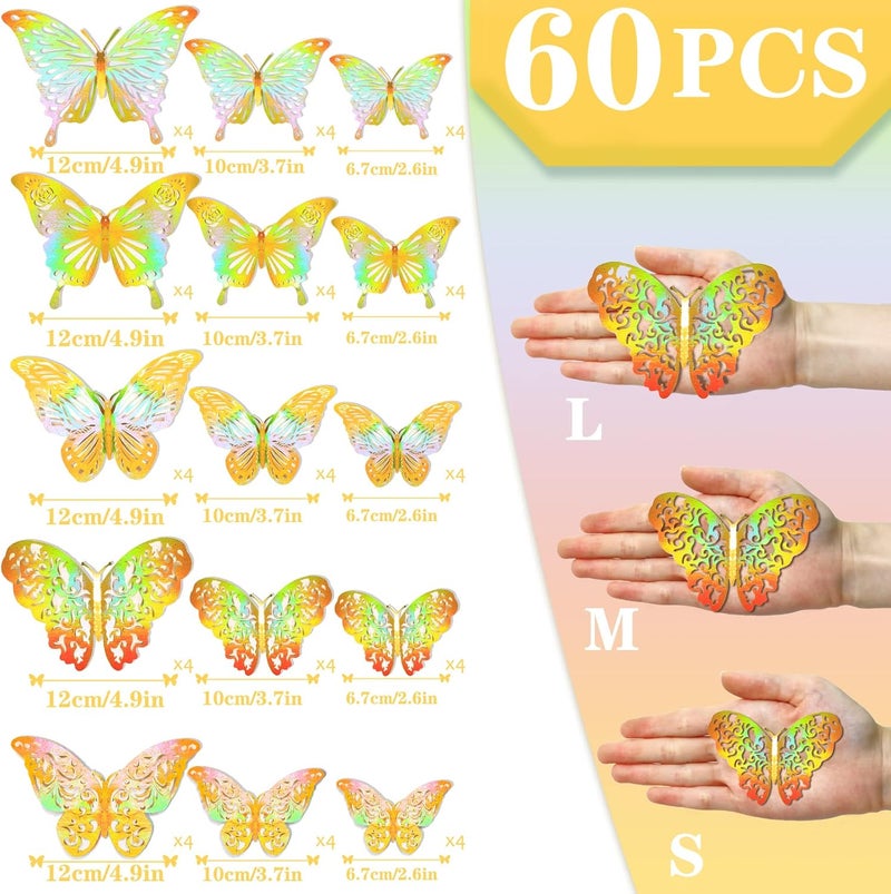 DELEMI 60 Pcs 3D Iridescent Gold Butterfly Wall Decor, Holographic Decorations with Set 5 Style DIY Man Made Removable Decorative for Home, Party - Image 5